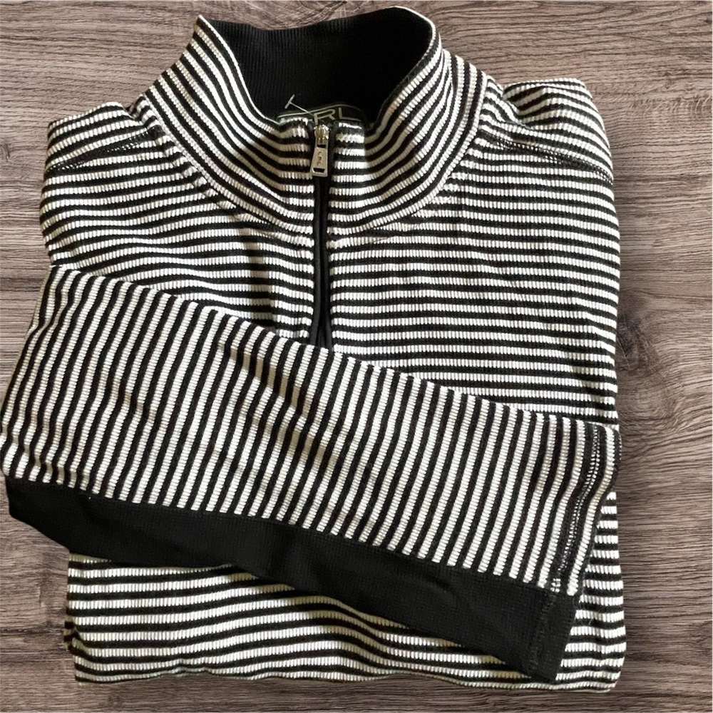 Black and White Striped Women’s Plus Sz 1/4 Zip Shirt 2X